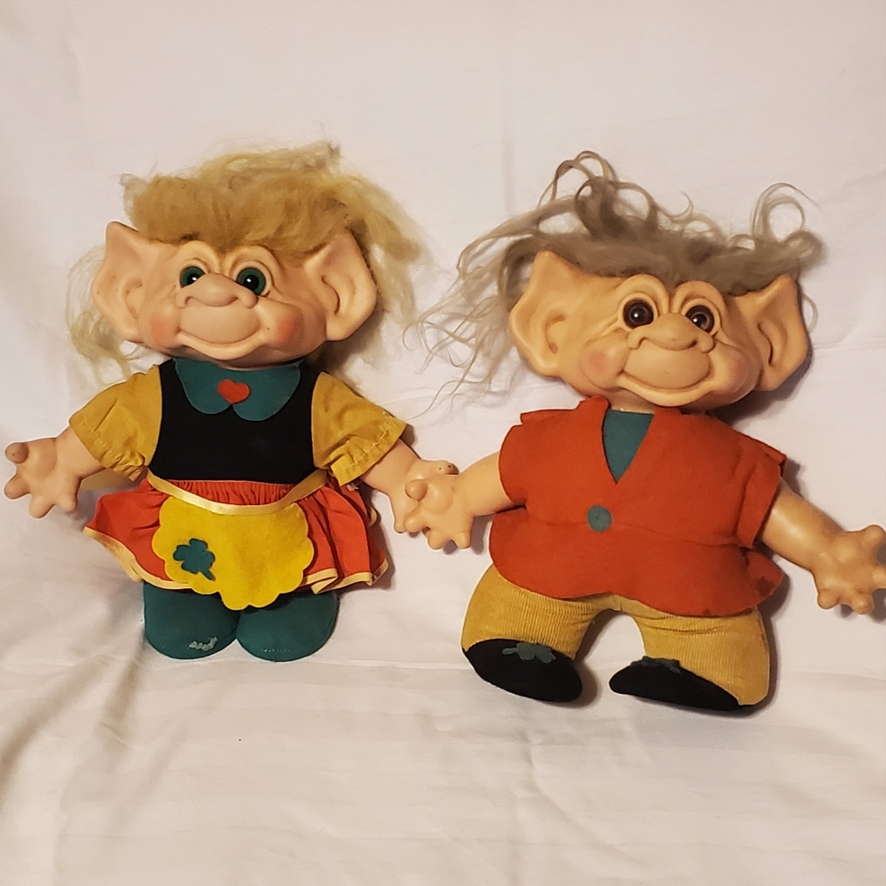 Two 1960s 11" Irish Trolls, soft bodies